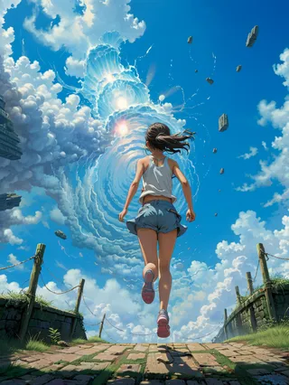 A girl in shorts and tank top running towards a surreal spiral formation of clouds in a bright blue sky, with floating stones and detailed landscape below.