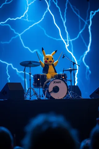 Pikachu dressed as a rockstar playing drums on a dimly lit concert stage with electric blue lightning effects and strobe lights in the background.