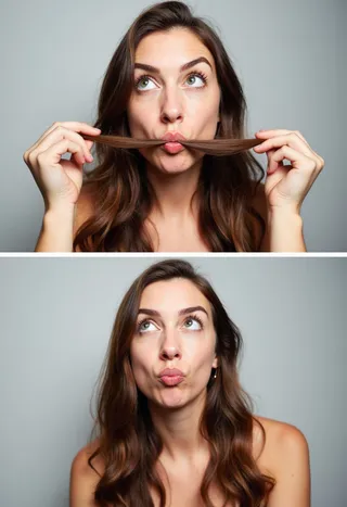 Photograph showing a woman with long brown hair in two sections, one playful with hair pulled to lips, the other neutral and contemplative, wearing a strapless top.