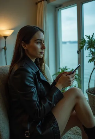 Closeup of a woman wearing a black leather jacket sitting indoors near a large window, holding a smartphone in a modern, softly lit home.