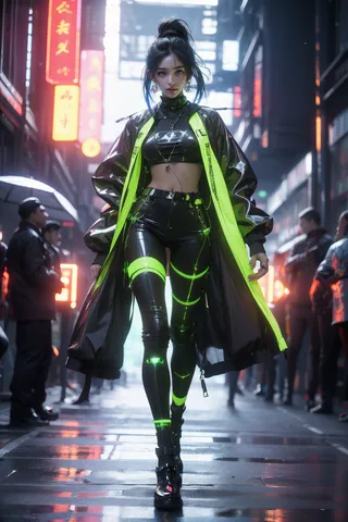 A female model walking confidently down a wet urban street wearing a black and neon yellow futuristic outfit with glossy textures and glowing accents, set in a cyberpunk cityscape.