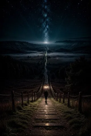 A lone figure walking on a wooden pathway through a dark, foggy landscape under a starry night sky with the Milky Way visible and an eerie atmosphere.