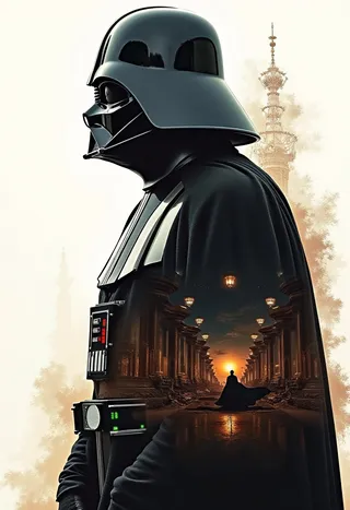 Cinematic double exposure portrait of Darth Vader with a silhouette and sunset-lit ancient corridor inside his cloak.