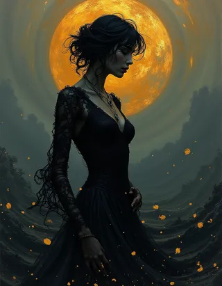 A melancholic elegant woman in a black lace dress silhouetted against a large glowing golden moon, surrounded by swirling dark and golden particles.