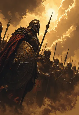 Close-up of a tightly formed phalanx of Roman soldiers with large shields and spears standing resolutely under dramatic golden sky partly obscured by swirling dust and clouds.