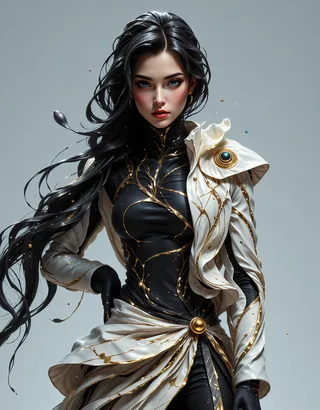 A woman in a sci-fi fashion outfit featuring futuristic silhouettes with golden cracks on a black and white ensemble, set against a gray background.