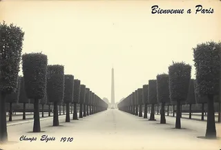 Grainy black and white vintage postcard of Champs Elysees in Paris featuring tree-lined avenue and distant obelisk with scripted text 'Bienvenue a Paris' and 'Champs Elysees 1910'.