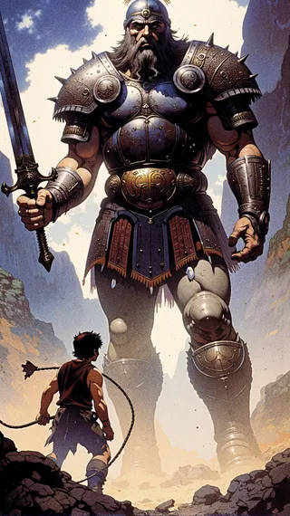 A dramatic fantasy battle scene showing a young warrior David with a sling confronting a massive armored giant Goliath in a rocky valley, under stormy sky lighting.