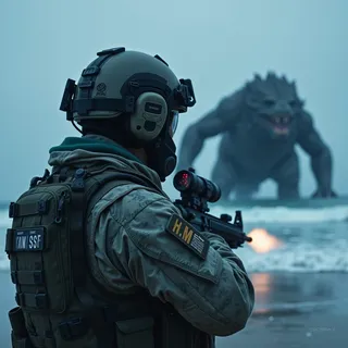 Rear view of a soldier in modern military helmet with night vision goggles firing an M4 rifle at a giant monster rising from the ocean on a foggy beach.