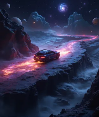 A dark vehicle driving on a glowing circumstellar road floating in a galaxy with planets and rocky terrain under a starry sky