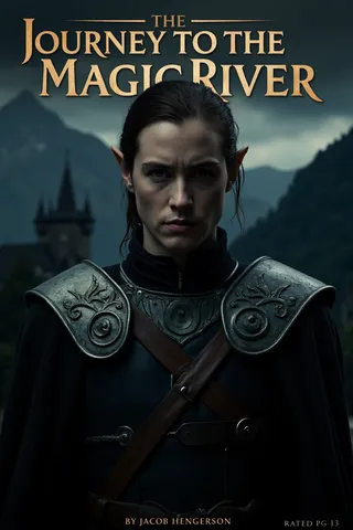 A dark fantasy movie poster featuring a stern elf wearing intricately designed metal armor and a cross-strapped leather harness, standing before a dark mountainous landscape with a castle atop the peak, titled 'The Journey to the Magic River' by Jacob Hengerson.