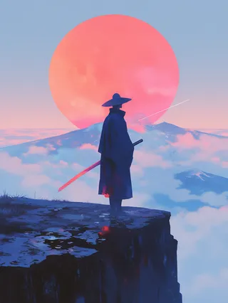 A samurai stands on a rocky cliff with his back to the viewer holding a glowing red katana, against a backdrop of a huge red moon and swirling clouds.