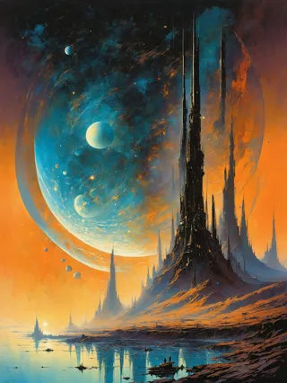 A vibrant galaxy landscape featuring tall futuristic towers rising from rocky terrain, surrounded by multiple planets and mystical glowing skies in vivid blues and oranges reflecting on water.