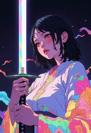 A woman with shoulder-length black hair, dressed in a white kimono with vibrant floral patterns, holding a glowing rainbow katana against a dark background.