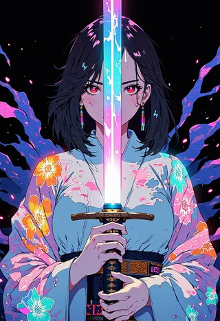 Anime-style woman with black wavy hair holds a glowing rainbow-colored katana, wearing a white kimono with vibrant floral patterns, against a dark background.