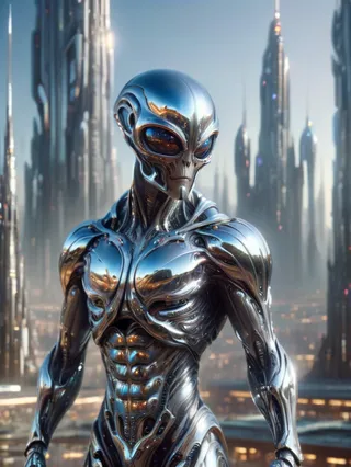 Photorealistic full body portrait of a muscular chrome alien wearing detailed paladin armor standing in a futuristic city plaza.