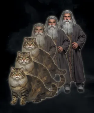 A wizard with a long white beard shown in a step-by-step transformation morphing into a Persian cat against a dark background.