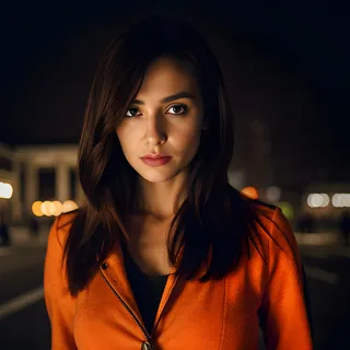 Portrait of a woman wearing an orange jacket at night with glowing city lights in the dark background