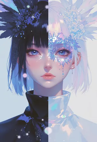 A digital portrait of an anime girl split into two contrasting halves with black and white hair, blue detailed makeup on one eye, and intricate floral headdresses.