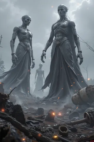 Tall, rusted mechanical statues of humanoid robotic deities standing in a barren wasteland filled with metal debris and industrial wreckage under a gray sky.