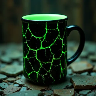Black ceramic coffee mug with glowing green cracks pattern on its surface, placed on a cracked stone background.