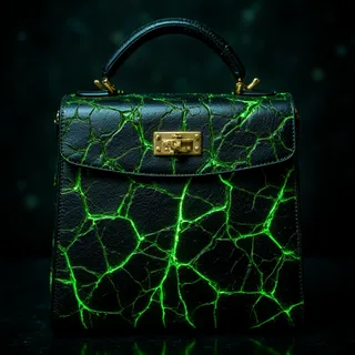 Black leather handbag with glowing green cracks and gold clasp on dark background
