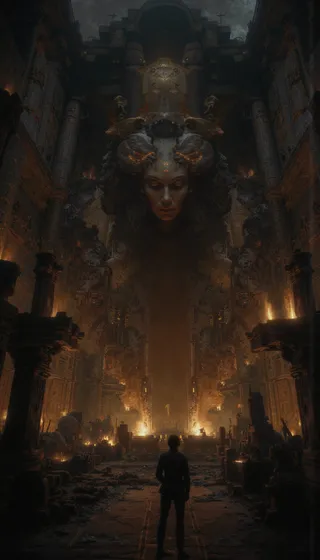 A shadowy figure stands in a vast, dimly lit cathedral with ornate architecture, facing a colossal, illuminated statue suspended above amidst ruins and glowing embers.