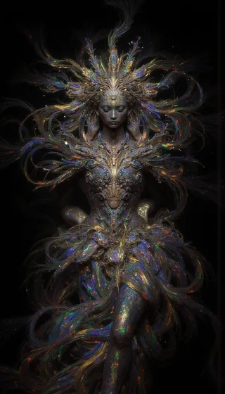 A figure of an Asian woman obscured by cascading iridescent paint with fluorescent tetradic colors flowing dynamically against a black background.