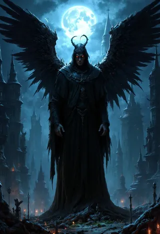 A towering fallen angel with skeletal, dark wings and glowing red eyes stands under a full moon surrounded by gothic towers in a dark fantasy landscape.