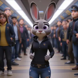 3D rendered anthro rabbit girl with grey fur and purple eyes wearing a black hoodie and ripped denim shorts standing in a crowded subway platform surrounded by people.