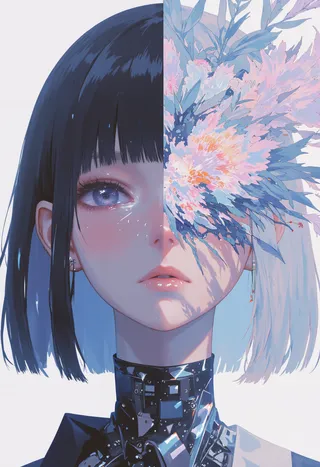 Digital portrait of an anime girl with a split face; one side shows a realistic anime-style face with dark hair, and the other side covered with a large blue flower arrangement, wearing a futuristic black collar.