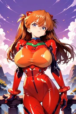 Anime character Asuka Langley in a red pilot bodysuit poses confidently with a scenic mountain and lake background under a purple sky.