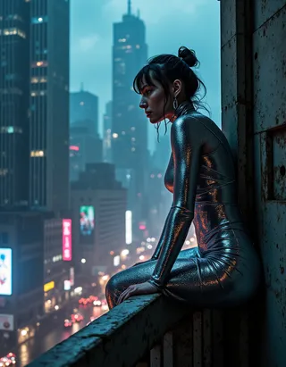A woman in a sleek, metallic high-tech dress sitting on a balcony ledge overlooking a neon-lit dystopian city under a rainy, cloudy sky.