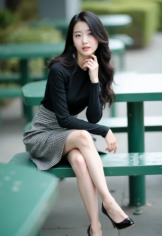 A young Korean woman with long black hair wearing a black long sleeved shirt, patterned skirt, and black high heels sits on a green outdoor bench with legs crossed and a calm expression.