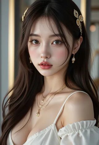 Realistic portrait of a young Korean idol woman with long dark hair, wearing gold earrings and necklaces, with flawless skin and soft makeup.