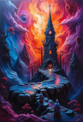 A dark fantasy ethereal tower stands at the end of a mystical stone pathway under a vivid surreal sky with swirling crimson and violet clouds and two cloaked figures.
