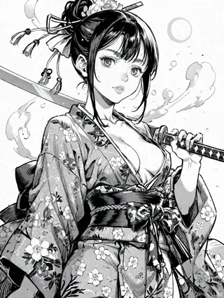 Black and white detailed drawing of a samurai girl wearing a floral kimono and holding a katana with a strong stare.