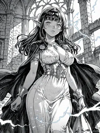 Black and white fantasy artwork of a female goblin with pointy ears, blunt bangs, wearing a flowing cape and detailed dress standing amid medieval stone ruins with crackling electricity around her.
