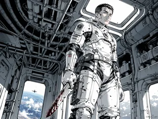 Monochrome illustration of an adult man in a white space suit holding a bloodied knife, standing in a detailed spaceship corridor with pipes and windows showing Earth outside.