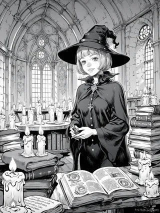 Monochrome illustration of a smiling female wizard with short hair and a wide-brimmed hat, standing in a gothic library filled with stacks of books and numerous lit candles.