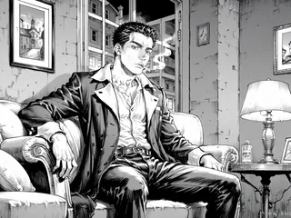 Monochrome image of a male detective with black hair sitting indoors on a chair, smoking a cigarette in a greyscale hotel room corner.