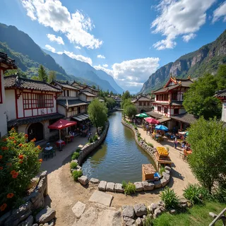 Scenic Chinese town featuring a canal lined with traditional buildings, colorful market stalls, surrounded by lush mountains under a bright summer sky.