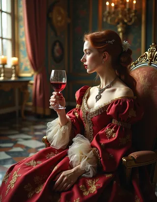 Elegant French aristocrat woman in a red silk 17th-century gown with gold embroidery, holding a glass of red wine in an opulent candlelit salon.