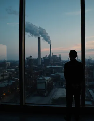 Silhouette of a businessman standing near a large window, gazing out at an industrial complex with smokestacks emitting smoke under the evening sky.