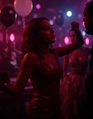 Close-up cinematic scene of a woman in a shiny red dress dancing in a club with motion blur, balloons and confetti falling around her.
