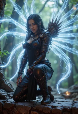 A dark angel dressed in black leather armor kneeling on a stone ledge in a forest, glowing ethereal wings radiating behind her.