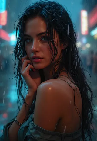 A wet woman with soaked hair and glowing skin in a rain-soaked city street illuminated by neon lights at night