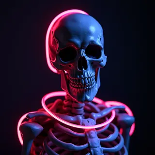 A blue-lit angry skeleton wearing glowing pink neon string loops around its head and ribs against a dark background.