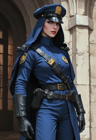 Portrait of a female cop vampire in NYPD uniform standing in front of stone arches with detailed high contrast noir graphic novel style.