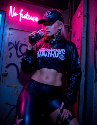A cyberpunk girl with pink hair and mechanical decorations drinks Coca-Cola in a neon-lit urban night scene, wearing black sportswear and cap with tattoos and piercing.